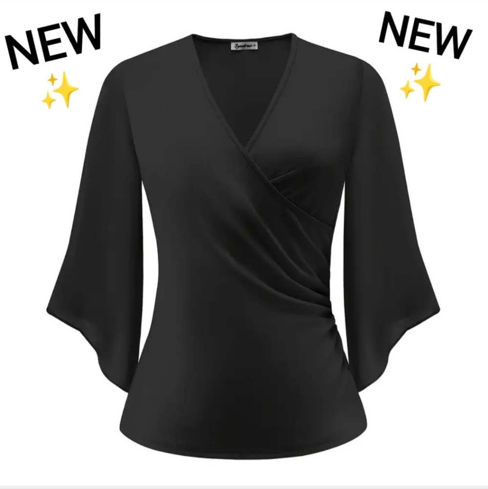 Funadressr Black Vibrant Solid Color Notch Neck Chic Blouse Size XL
